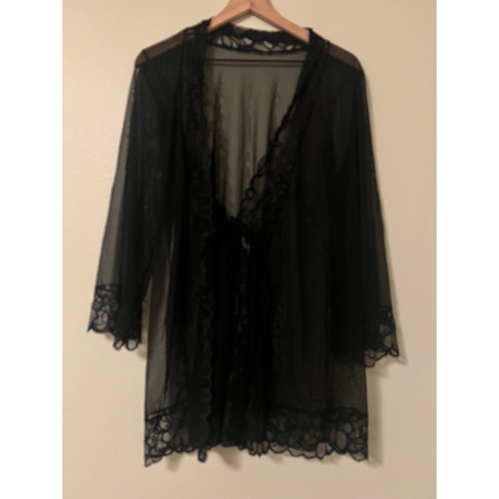 Fredericks of Hollywood Black Sheer Mesh Lace Trim Robe XL Lingerie Nightie